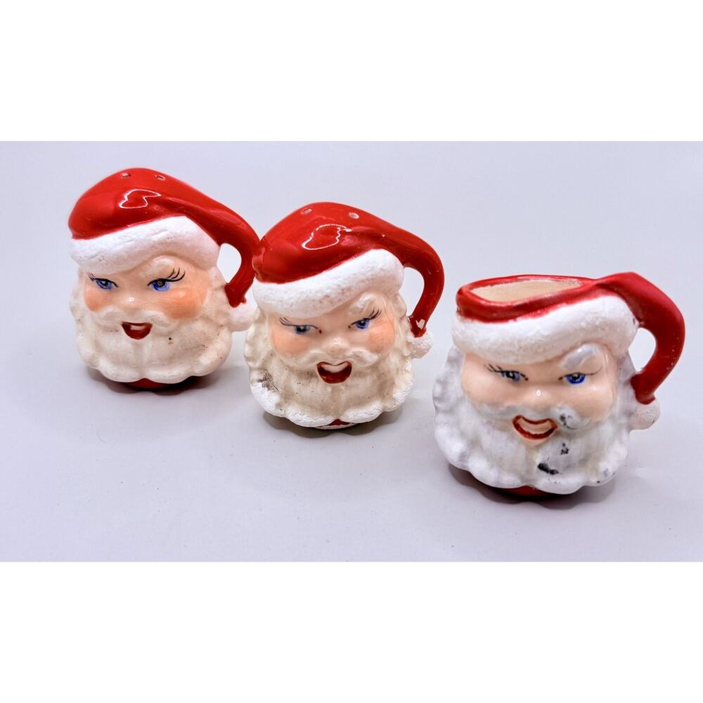 VTG Salt & Pepper Shakers Santa Heads Set & Toothpick Holder Hand Painted MCM